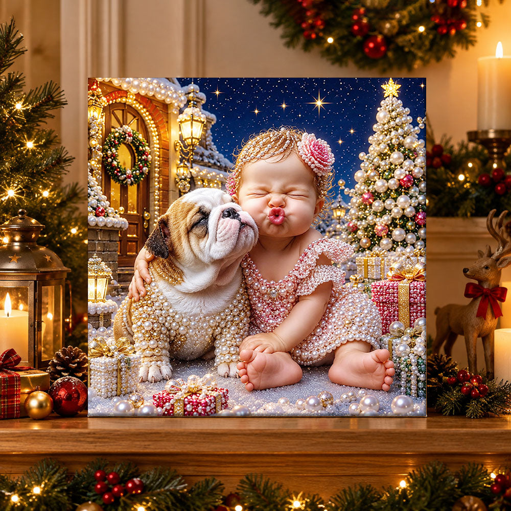Finished baby kissing bulldog for christmas pearl diamond painting artwork displayed as holiday home decor