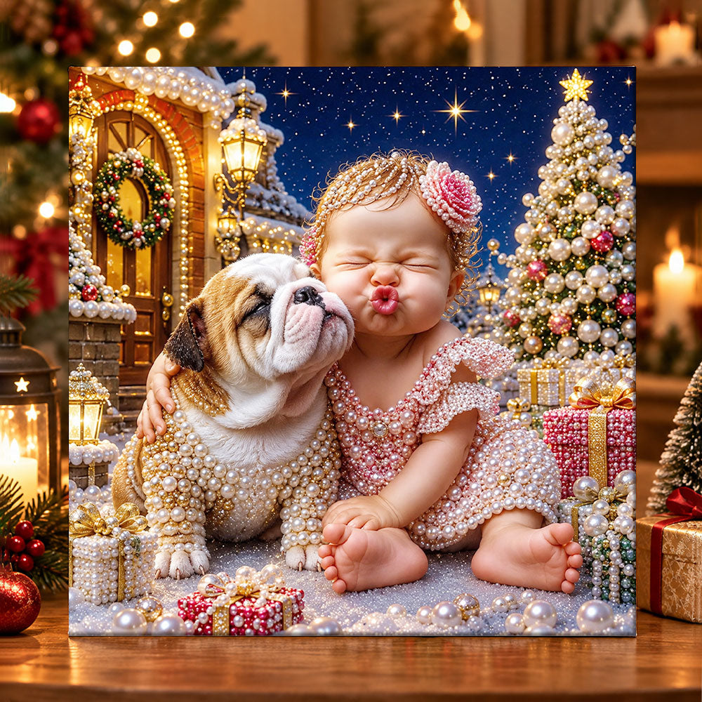 Baby kissing bulldog for christmas pearl diamond painting kit for beginners