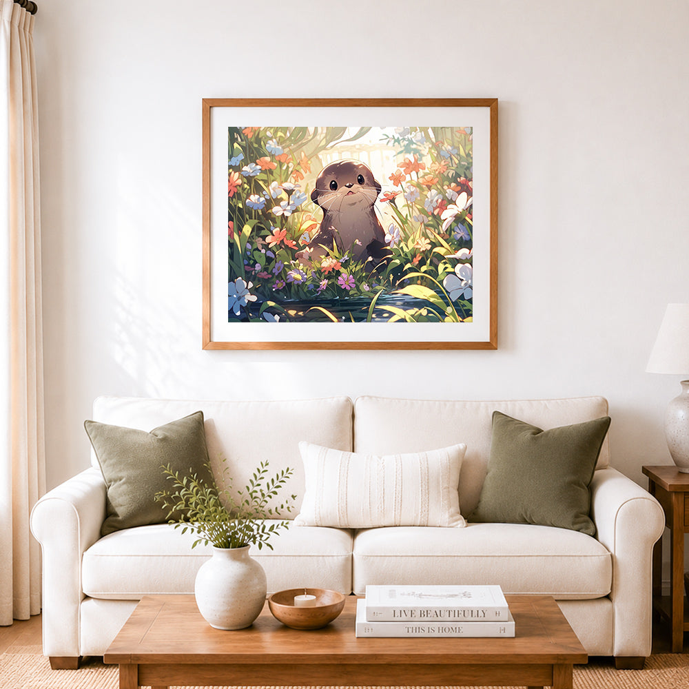 Finished baby otter in wild flowers cross stitch artwork displayed as home decor