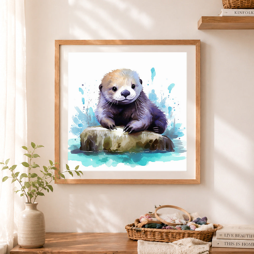 Finished baby sea otter watercolor cross stitch artwork displayed as home decor
