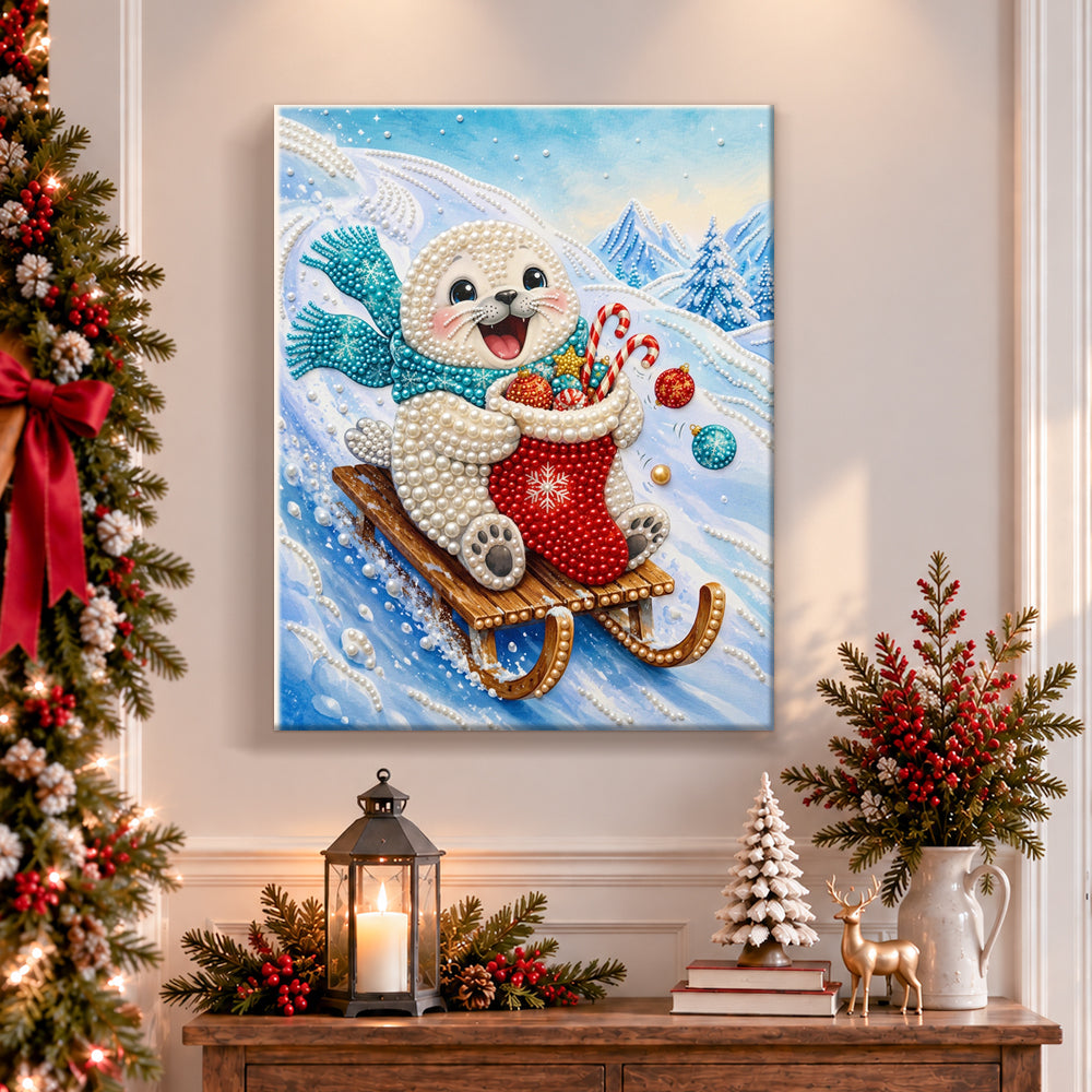 Finished baby seal sledding in snow pearl diamond painting artwork displayed as holiday home decor