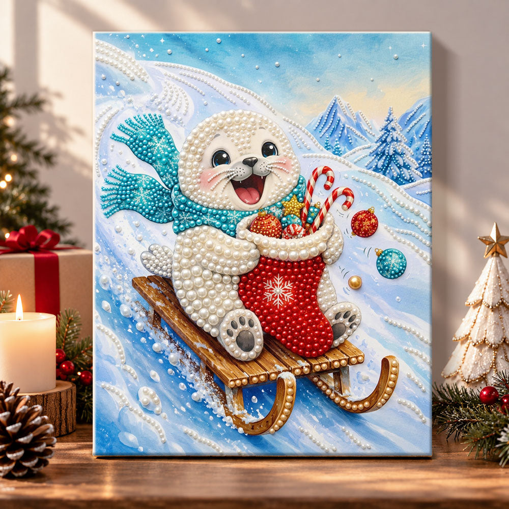 Baby seal sledding in snow pearl diamond painting kit for beginners