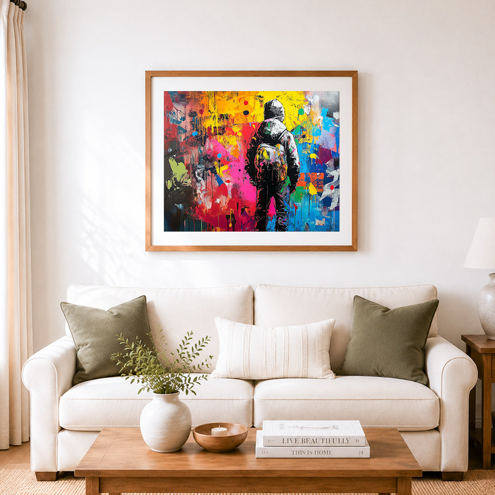 Finished backpack boy facing vibrant paint cross stitch artwork displayed as home decor