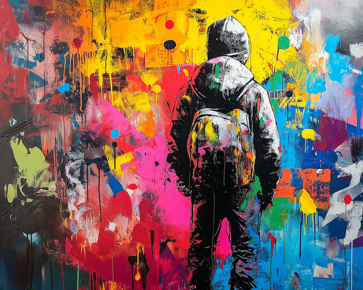 Backpack boy facing vibrant paint cross stitch kit for beginners