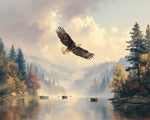 Bald eagle soaring over misty forest river cross stitch kit for beginners