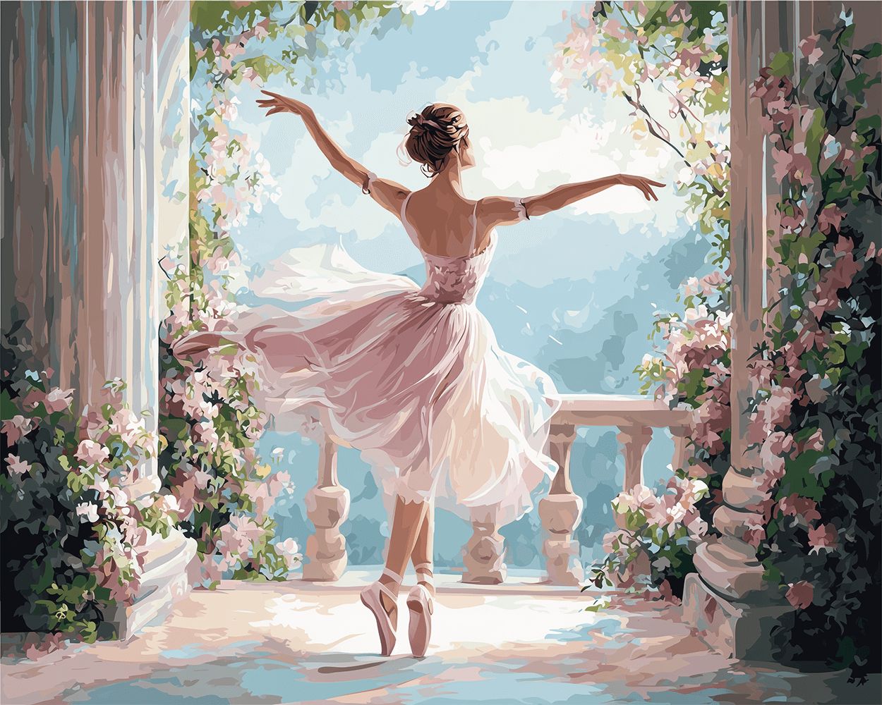 Ballerina dancing on balcony amidst flowers cross stitch kit for beginners