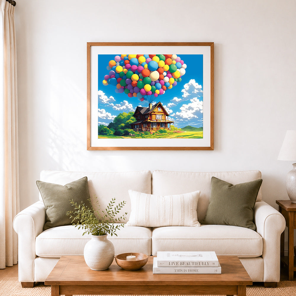 Finished balloon house over fields cross stitch artwork displayed as home decor
