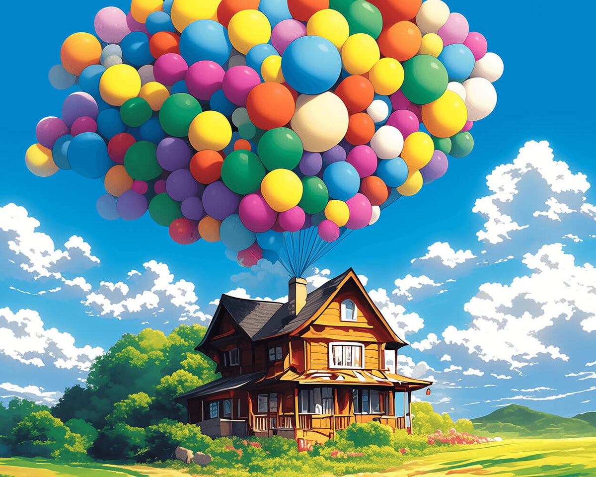 Balloon house over fields cross stitch kit for beginners