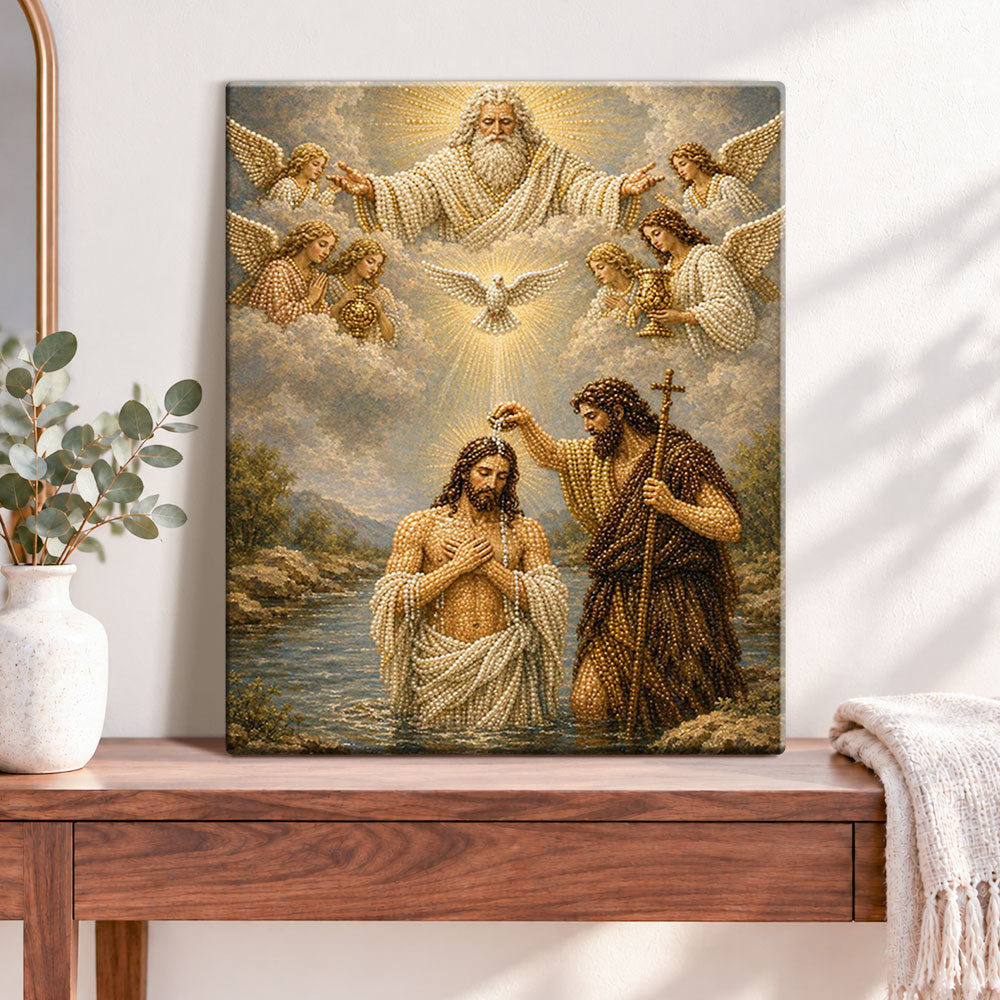 Finished baptism of jesus pearl diamond painting artwork displayed as home decor