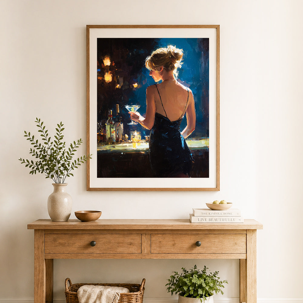 Finished bar night glow cross stitch artwork displayed as home decor