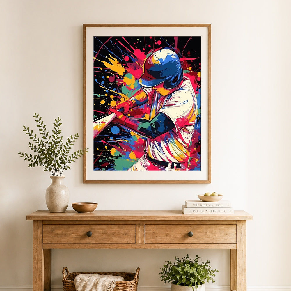 Finished baseball player swinging bat cross stitch artwork displayed as home decor