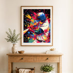 Finished baseball player swinging bat cross stitch artwork displayed as home decor