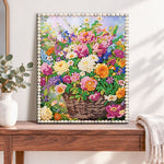 Finished basket of colorful blooms pearl diamond painting artwork displayed as home decor