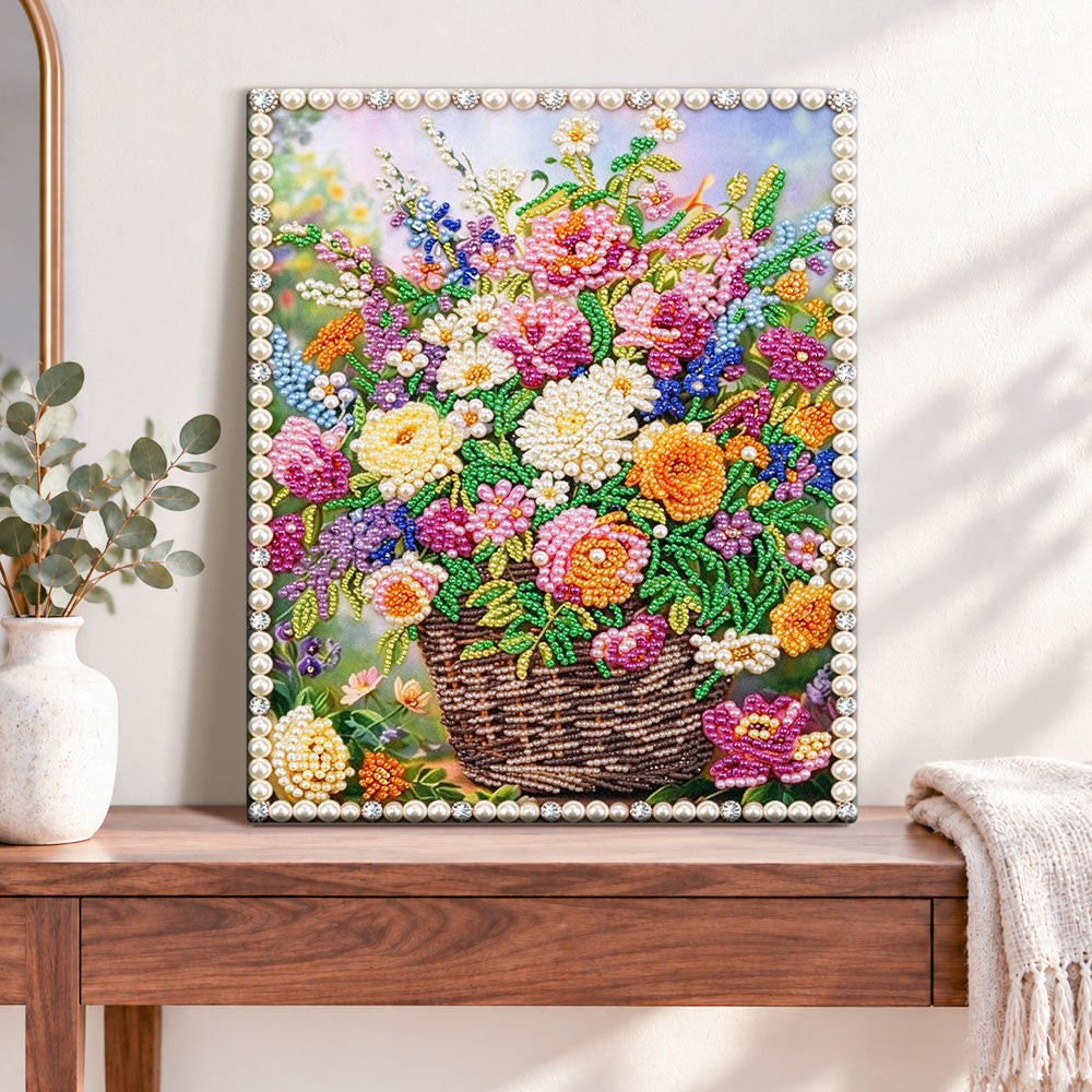 Finished basket of colorful blooms pearl diamond painting artwork displayed as home decor