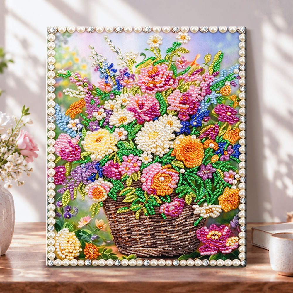 Basket of colorful blooms pearl diamond painting kit for beginners