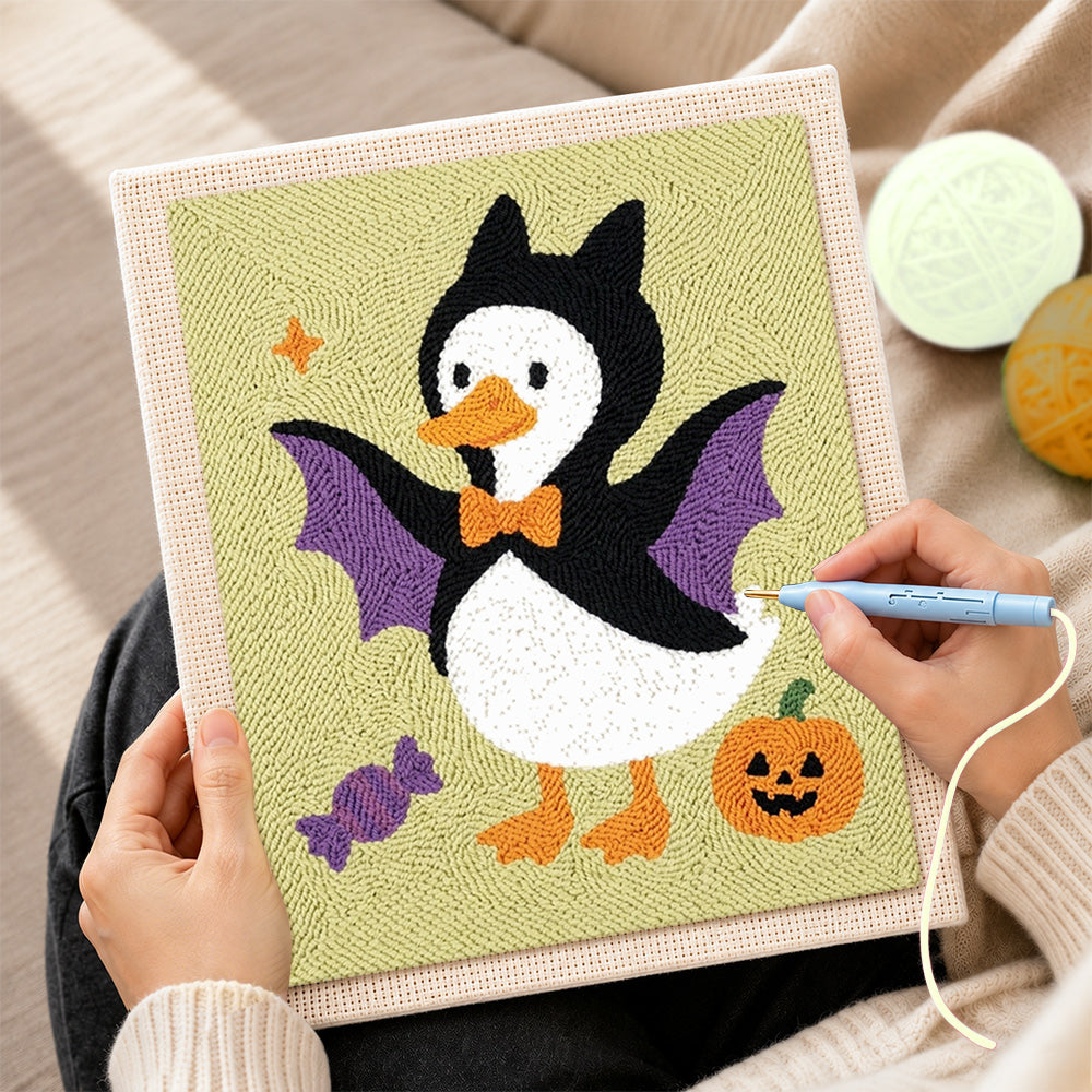 Creating handmade bat costume duck punch needle artwork