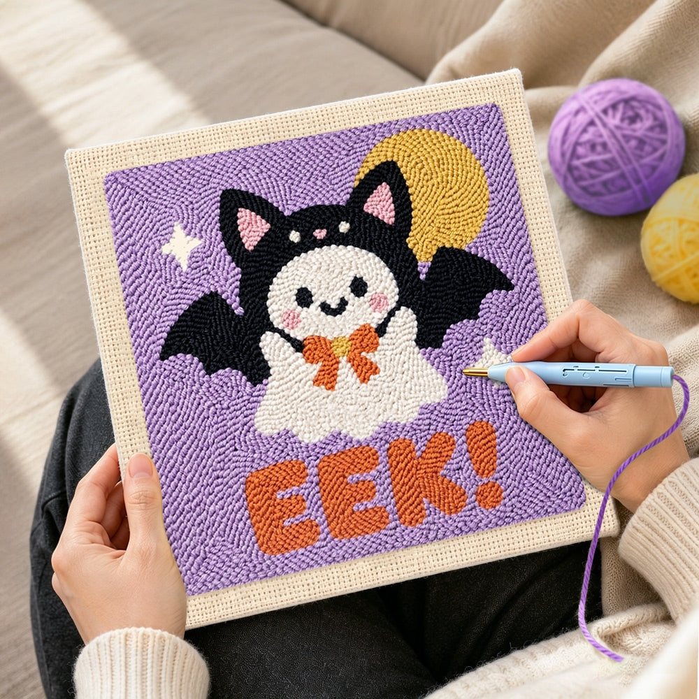 Creating handmade bat costume ghost punch needle artwork