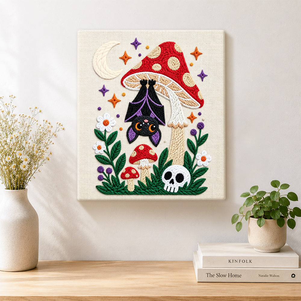 Finished bat hanging under mushroom artwork displayed on a wall