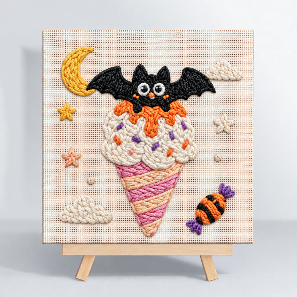 Finished bat moon ice cream artwork displayed on a wall