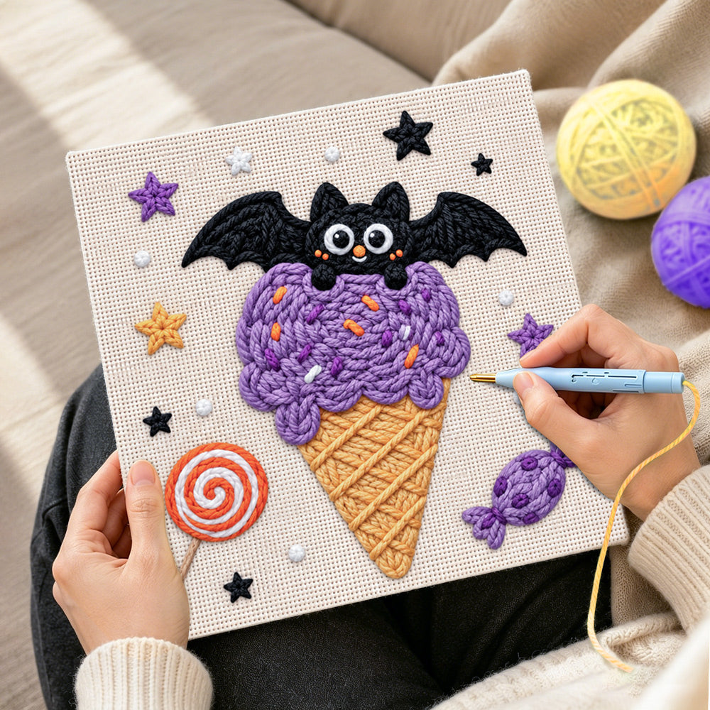 Creating handmade bat purple ice cream cone punch needle artwork
