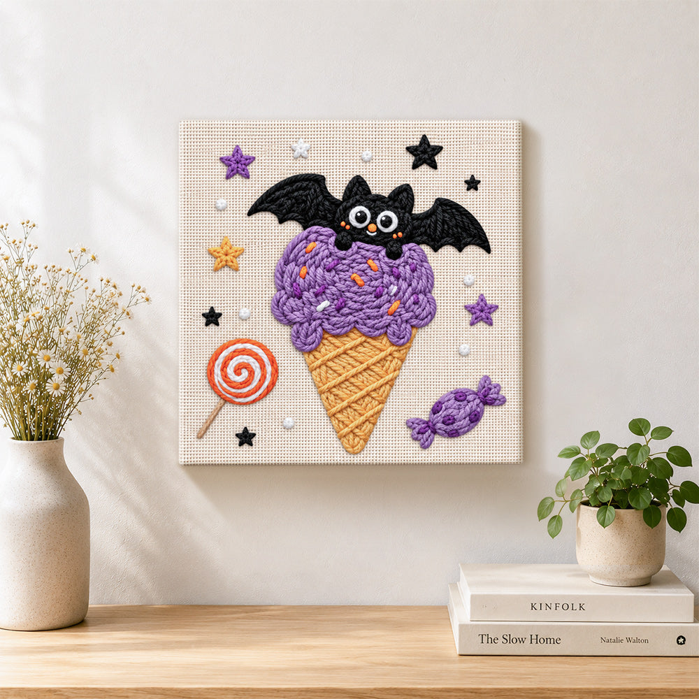 Finished bat purple ice cream cone artwork displayed on a wall