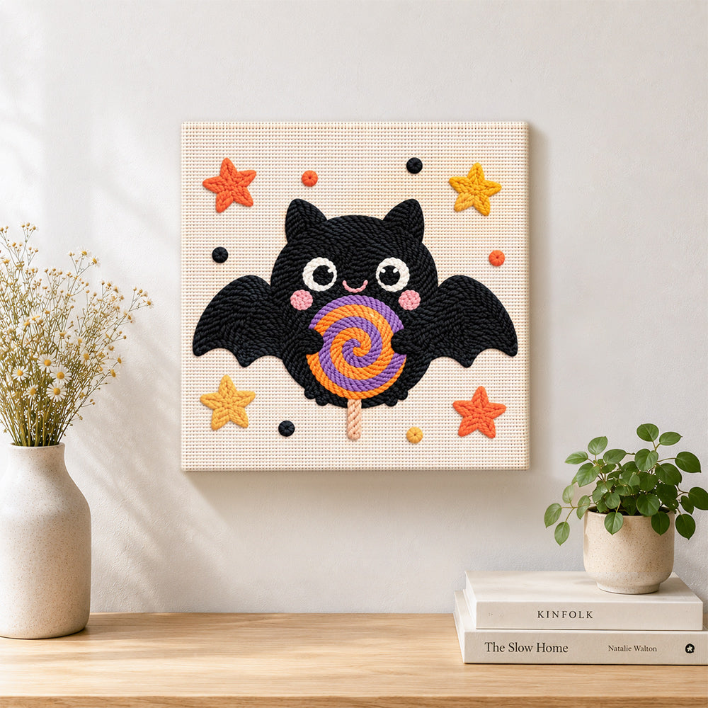 Finished bat with lollipop artwork displayed on a wall