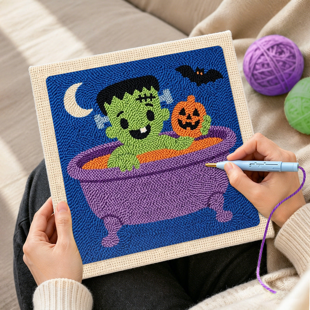 Creating handmade bath time frankenstein punch needle artwork