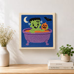 Finished bath time frankenstein artwork displayed on a wall