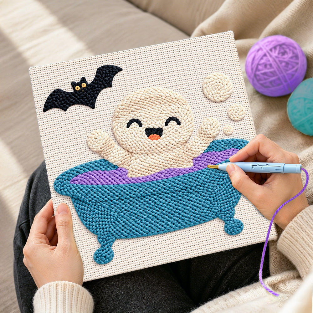 Creating handmade bath time ghost punch needle artwork