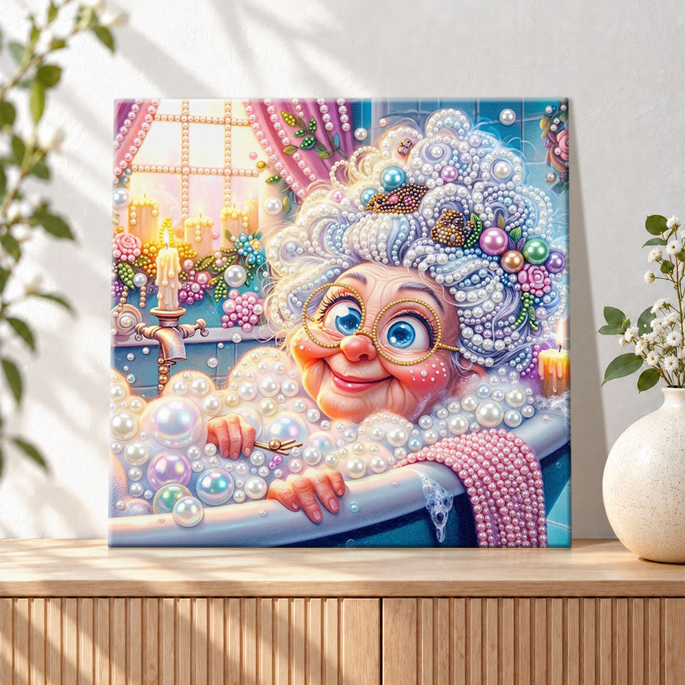 Finished bath time granny pearl diamond painting artwork displayed as holiday home decor