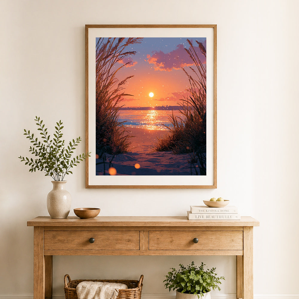 Finished beach golden sunset cross stitch artwork displayed as home decor