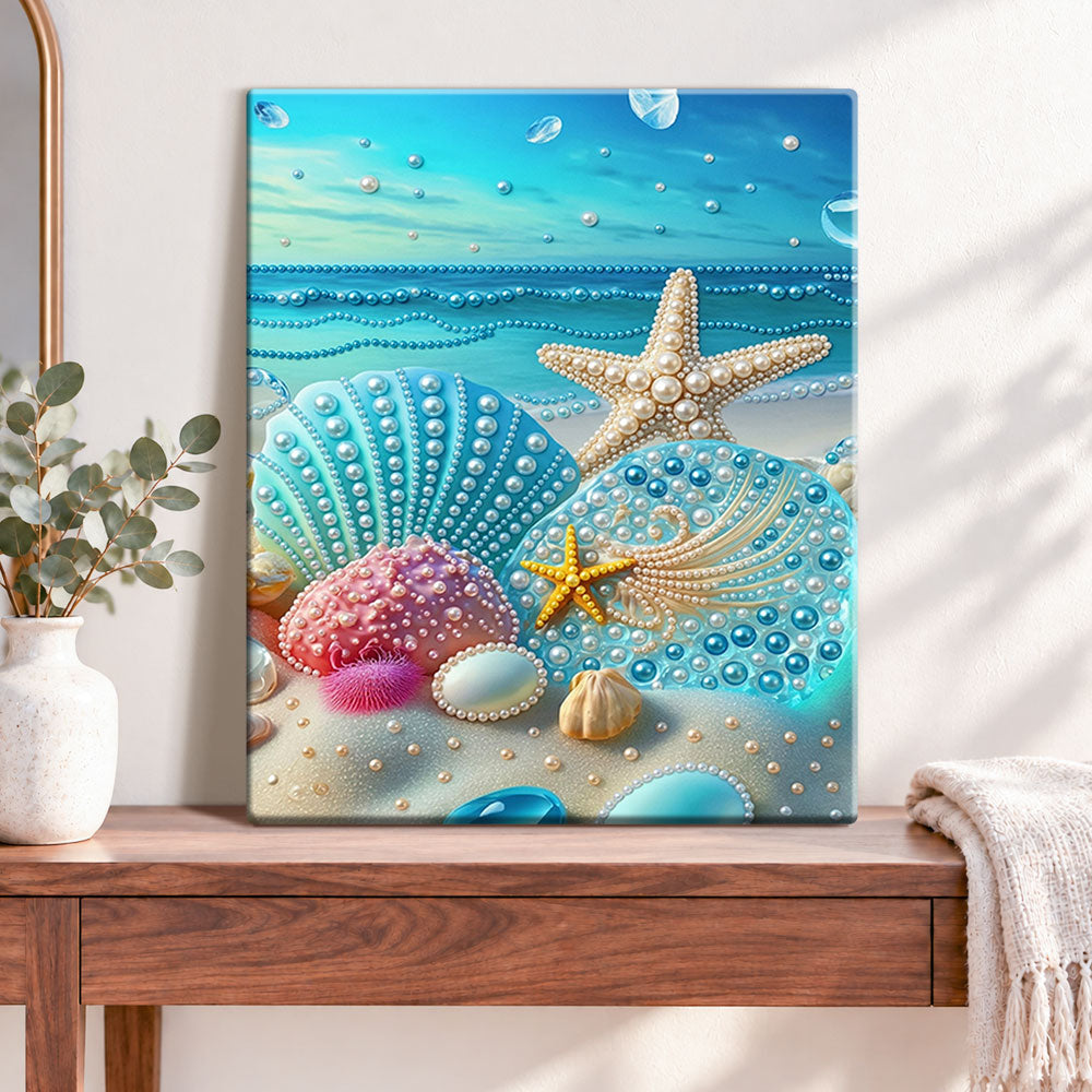 Finished beach pearl seashells pearl diamond painting artwork displayed as home decor