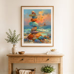 Finished beach stone balance painting cross stitch artwork displayed as home decor