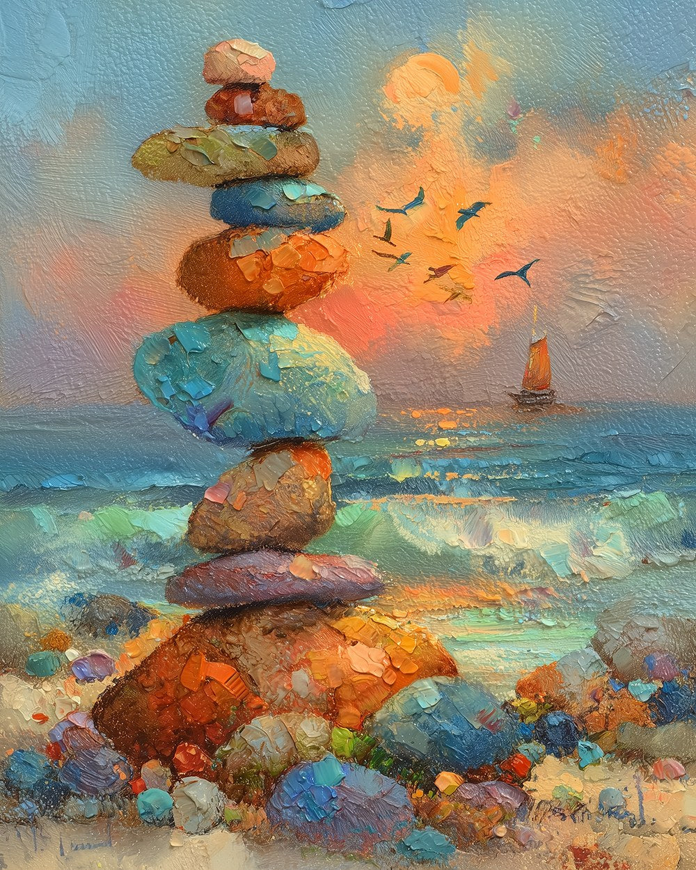 Beach stone balance painting cross stitch kit for beginners