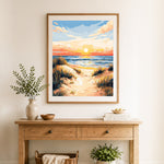 Finished beach sunset dunes cross stitch artwork displayed as home decor