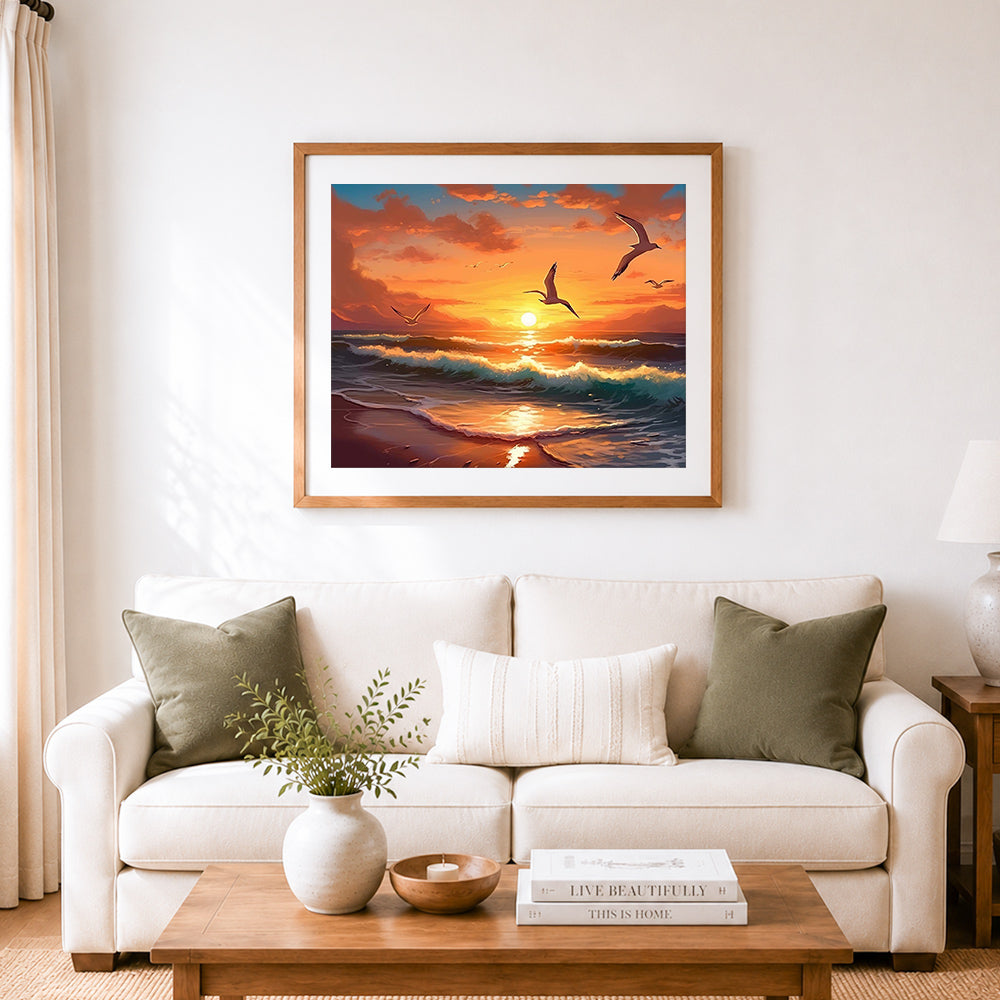 Finished beach sunset with seagulls cross stitch artwork displayed as home decor