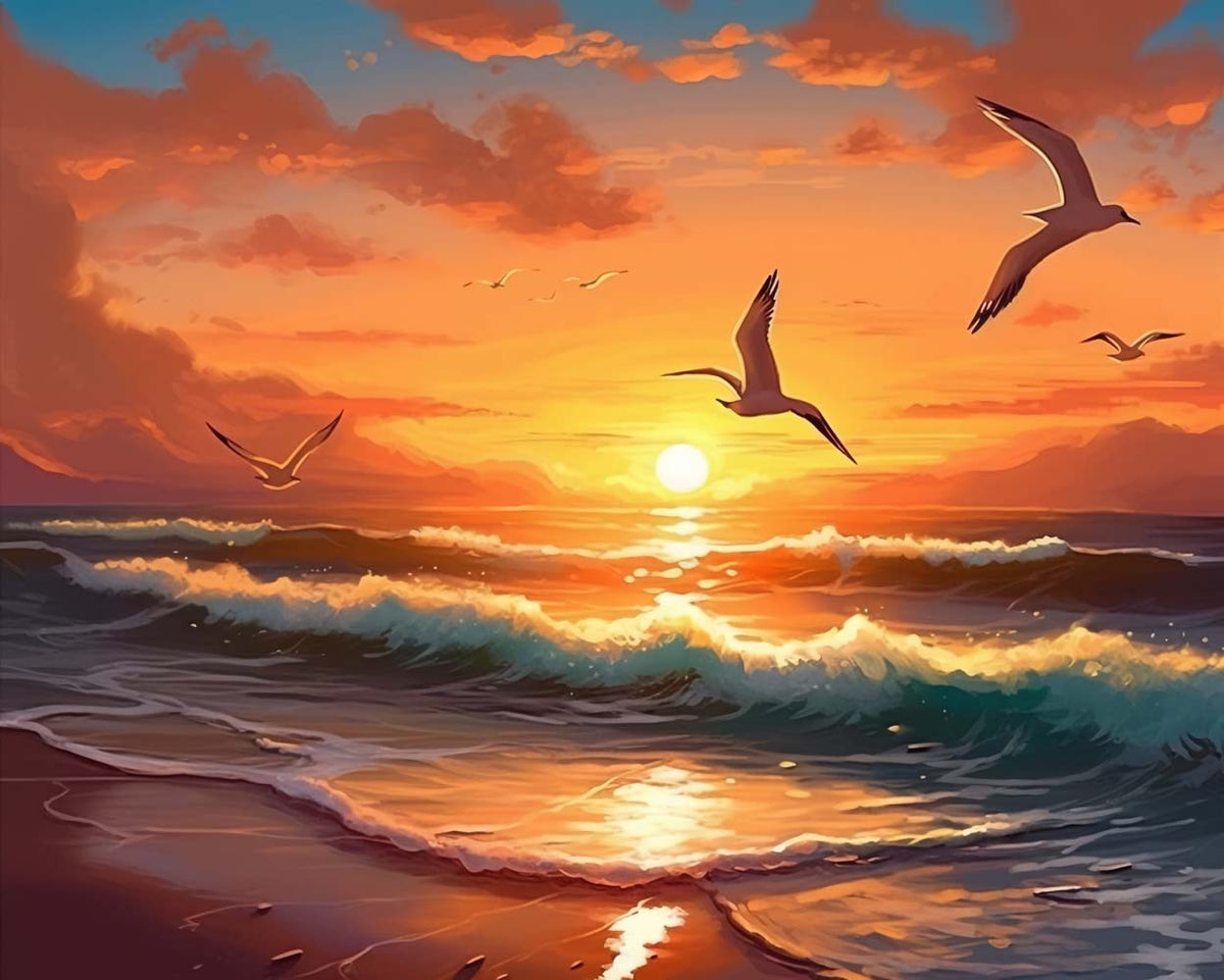 Beach sunset with seagulls cross stitch kit for beginners