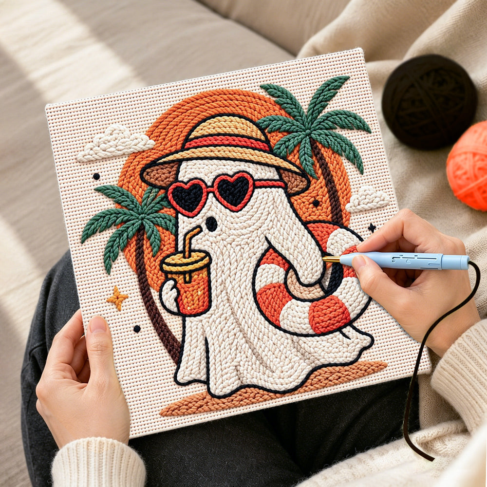 Creating handmade beach vacation ghost punch needle artwork
