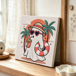 Beach vacation ghost punch needle artwork displayed on a table