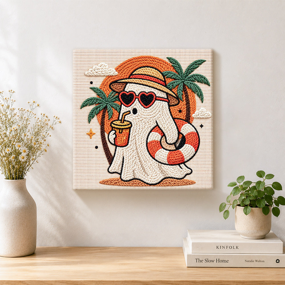 Finished beach vacation ghost artwork displayed on a wall