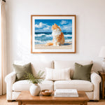 Finished beachside fluffy cat cross stitch artwork displayed as home decor