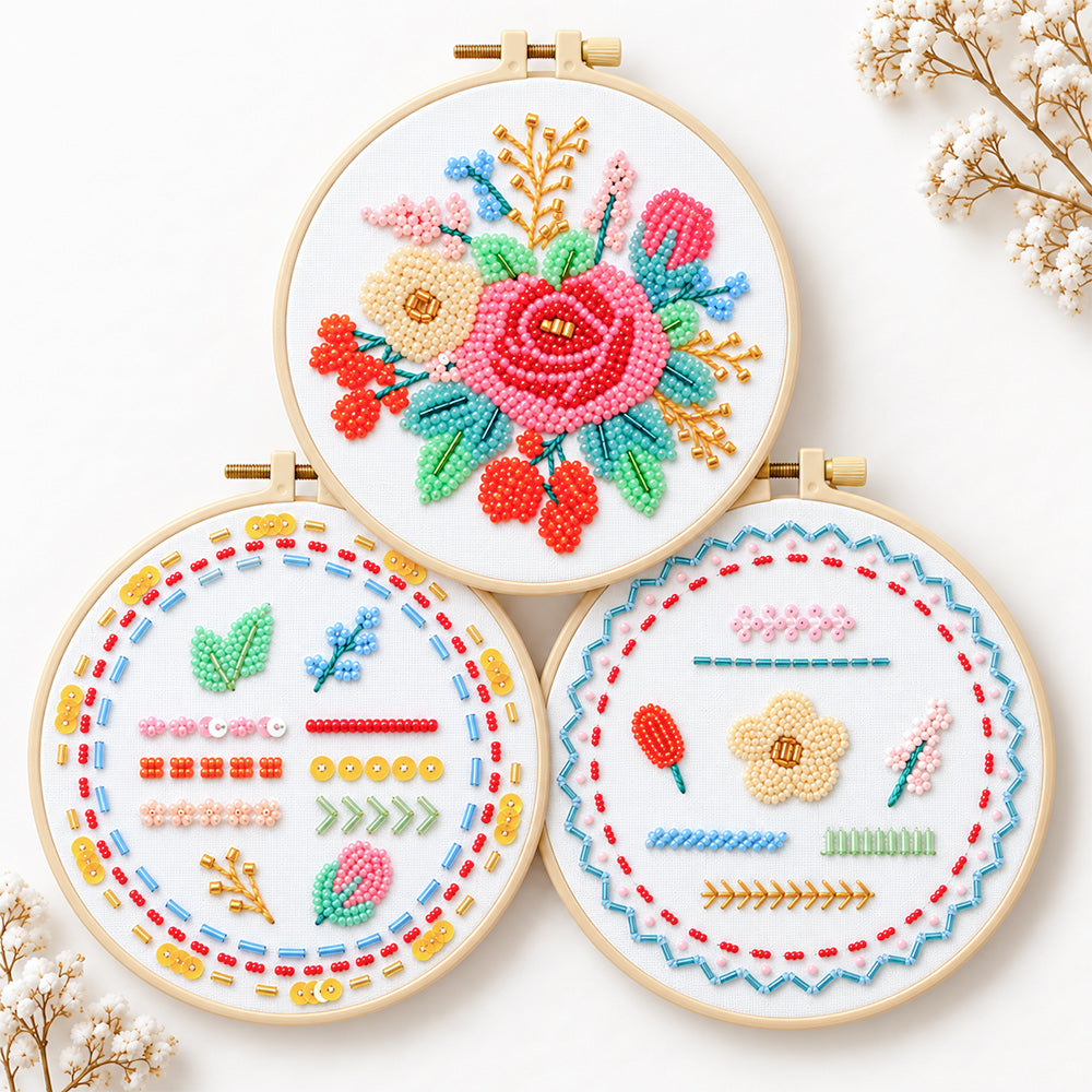 Bead Embroidery Kit – 3-Piece Floral Practice Set with three floral practice hoops