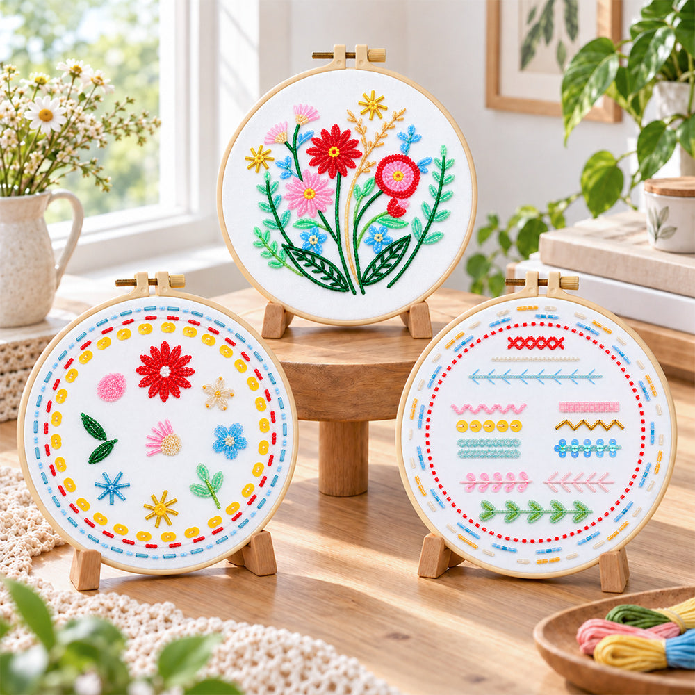 Bead Embroidery Kit 3-Piece Floral Stitch Practice Set display
