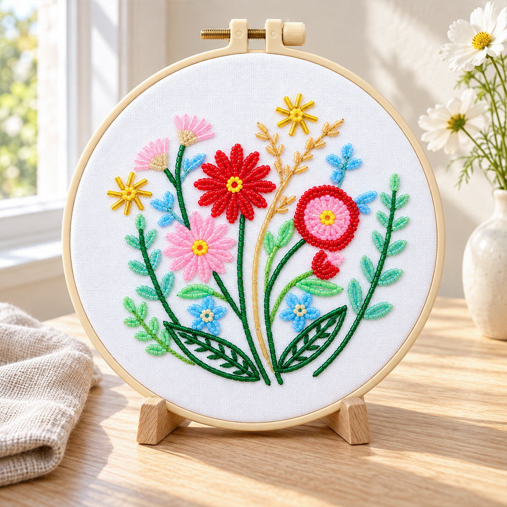 Bead Embroidery Kit 3-Piece Floral Stitch Practice Set finished floral display