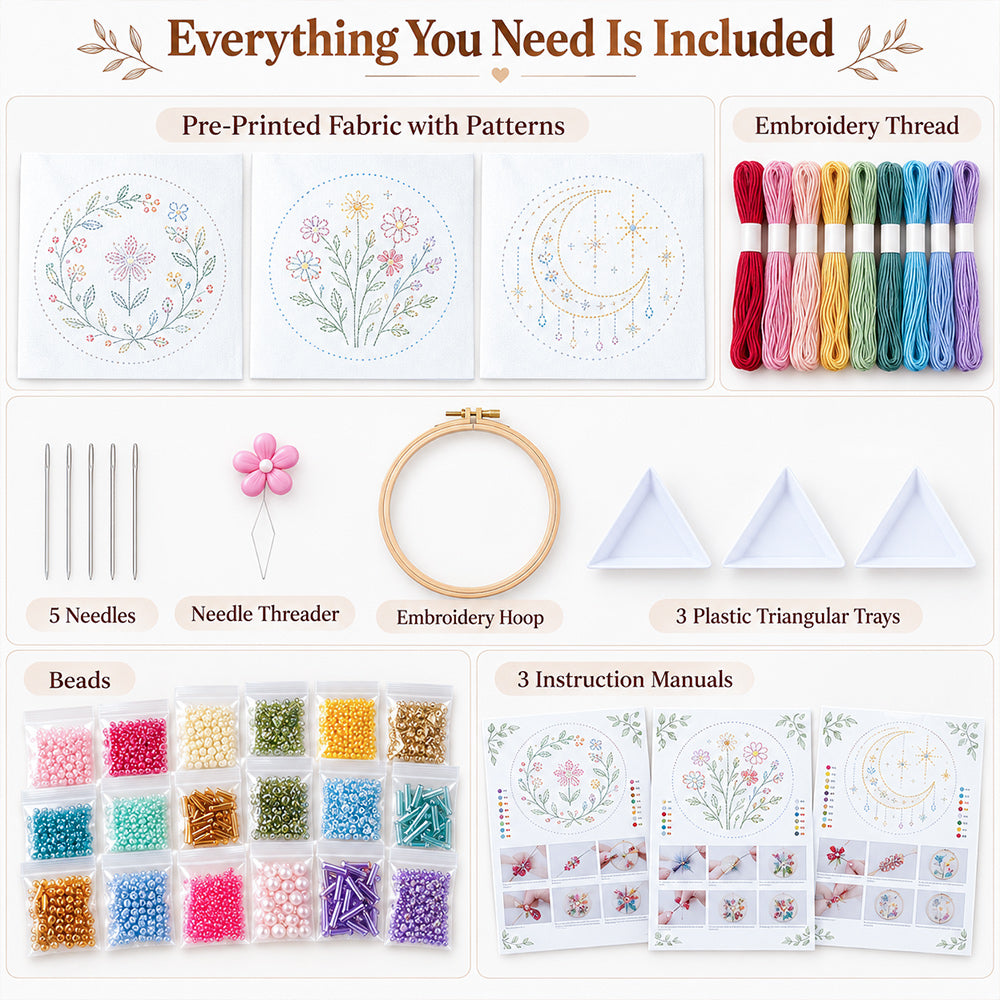 Bead Embroidery Kit with fabric, beads, thread, hoop and tools included