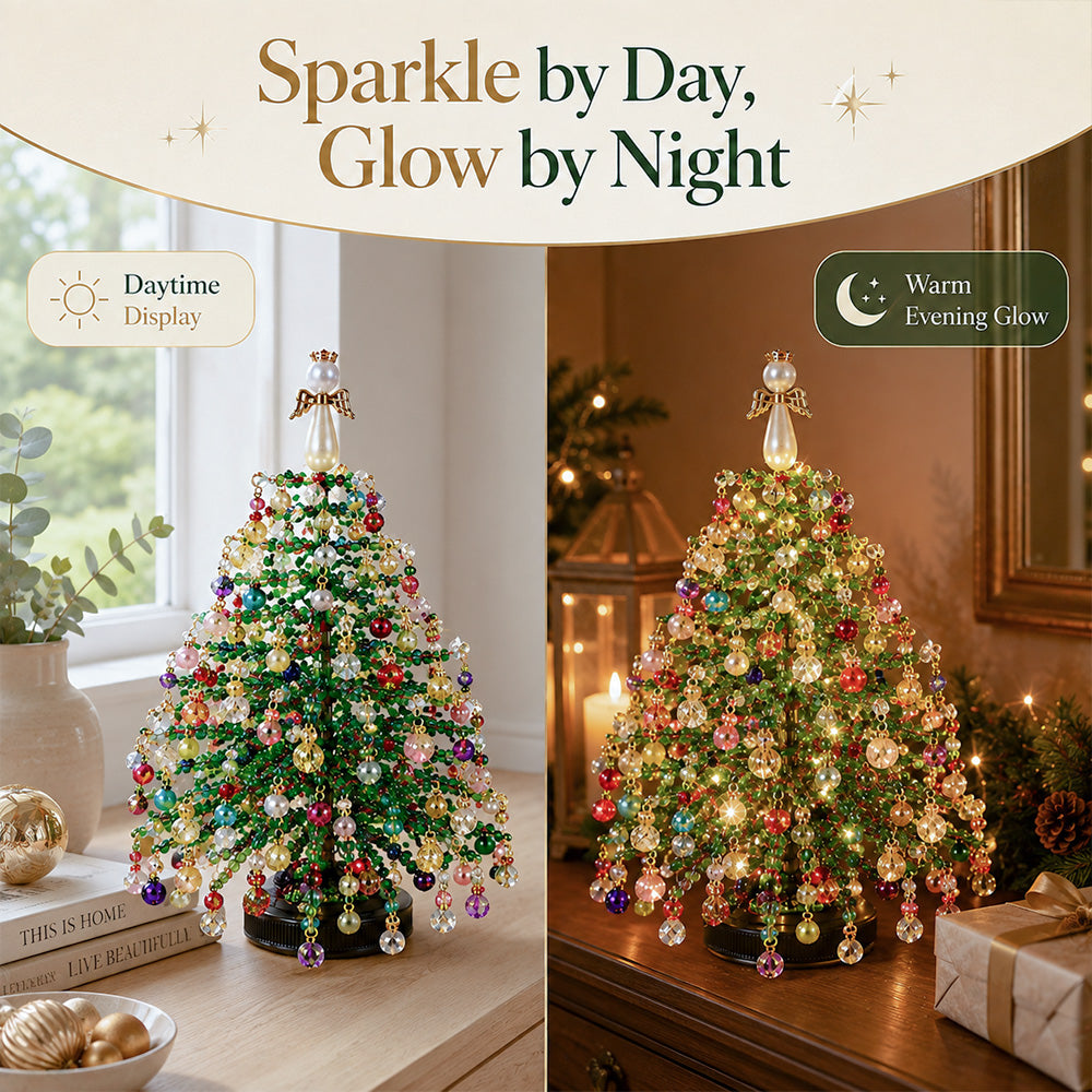 Beaded Christmas Tree Kit shown sparkling by day and glowing with warm light at night