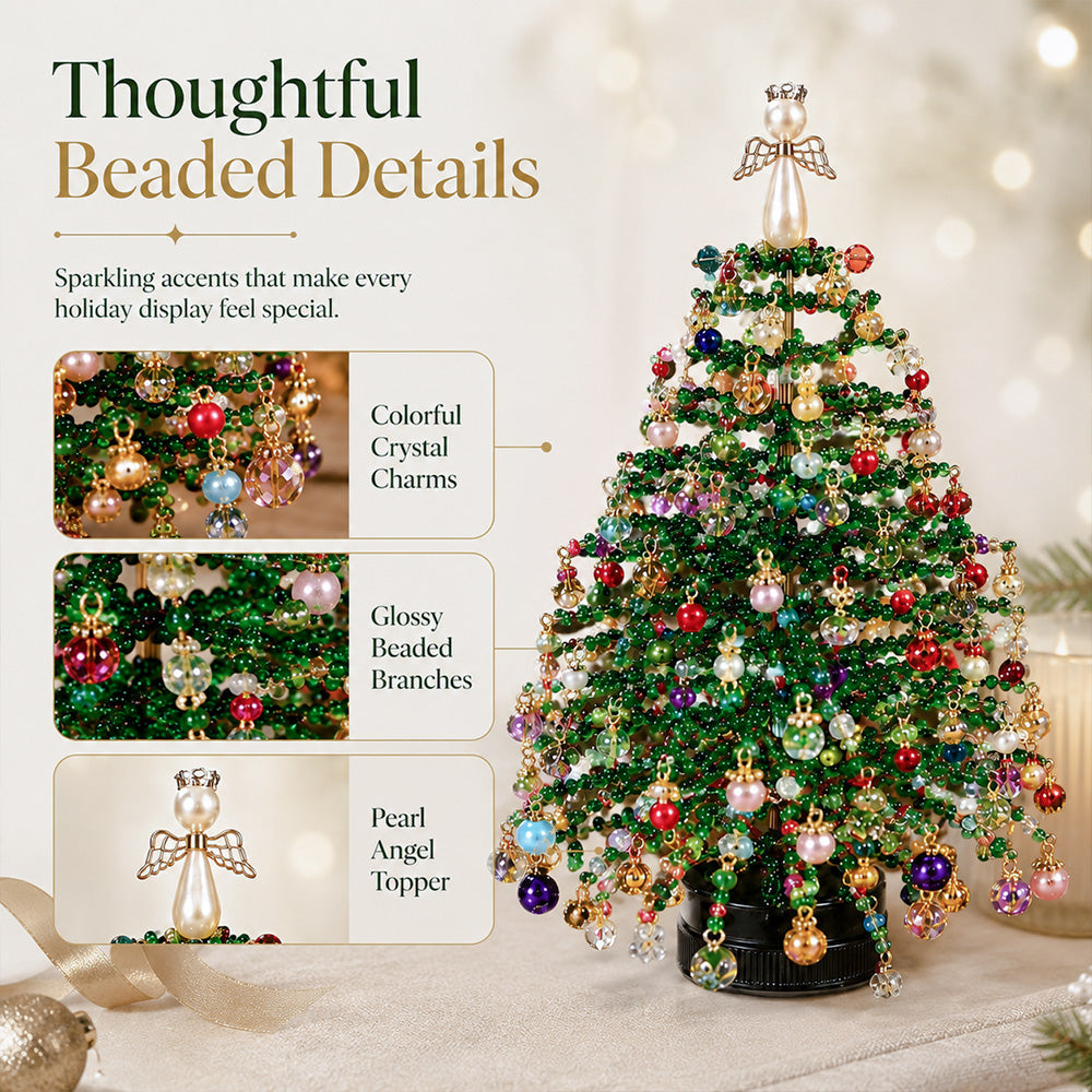 Close-up details of colorful crystal charms, beaded branches and pearl angel topper