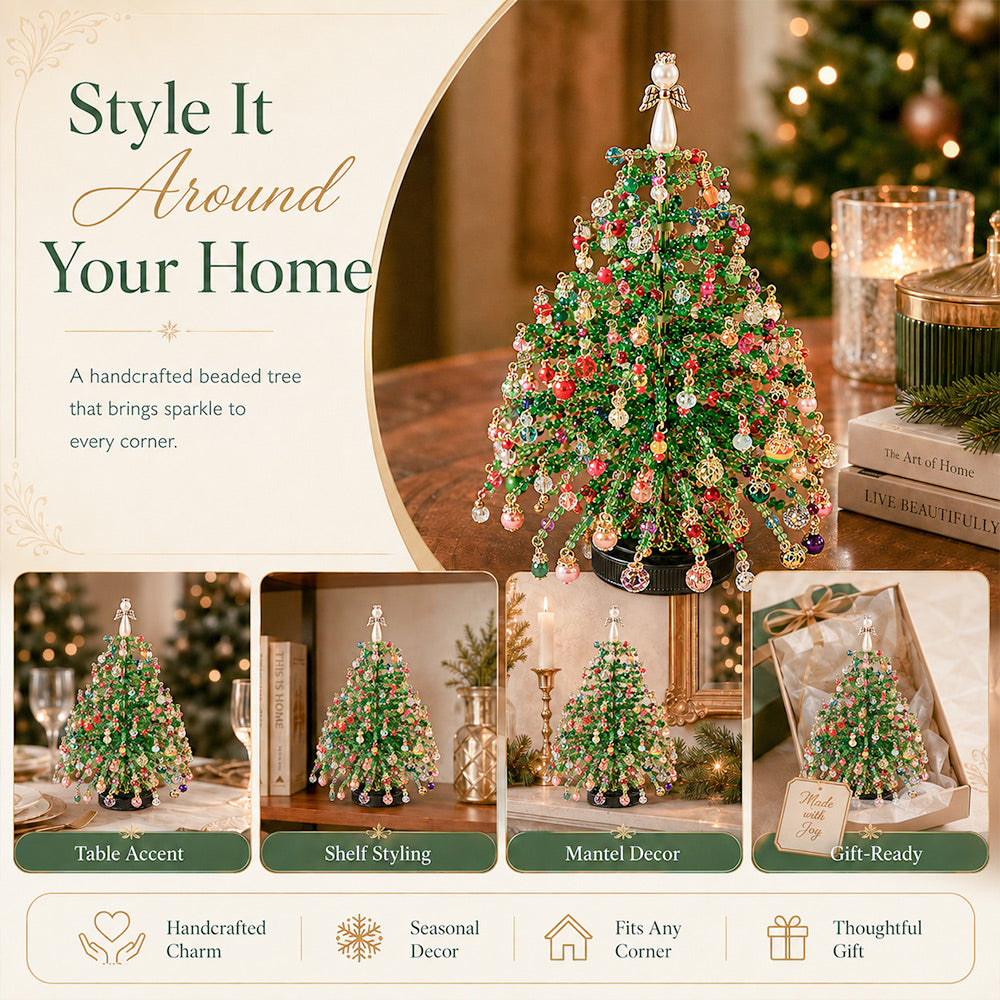 Beaded Christmas Tree Kit styled on a table, shelf and mantel as seasonal home decor