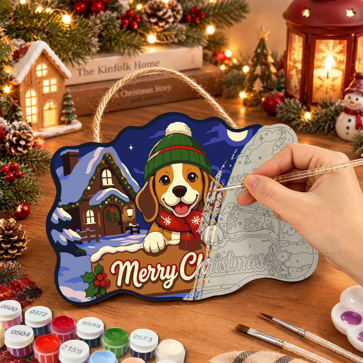 Beagle winter christmas paint by numbers door hanger painting process