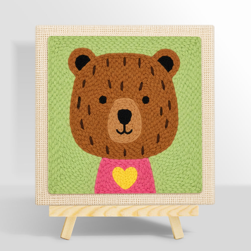 Bear with yellow heart punch needle kit for beginners